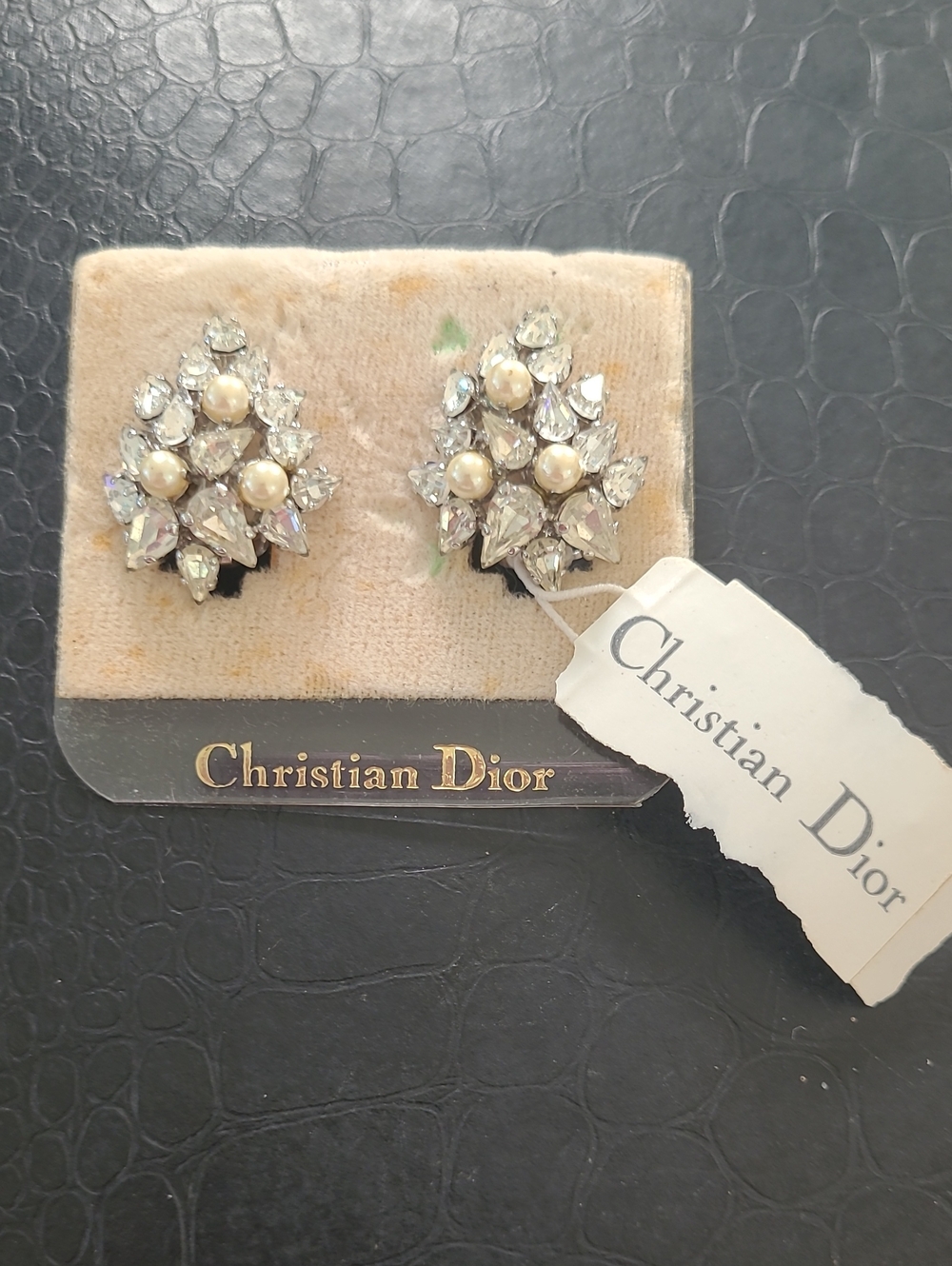 Vintage Dior Cream Pearl and Clear Crystal Cluster Clip-On Earrings